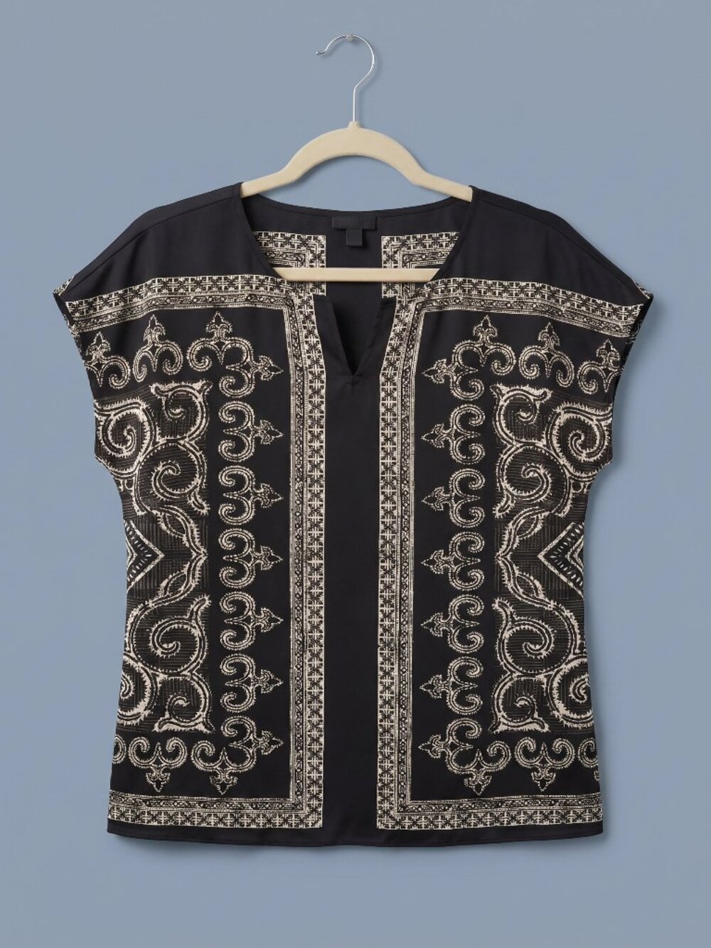Talbots Petites Black White Baroque Print Top